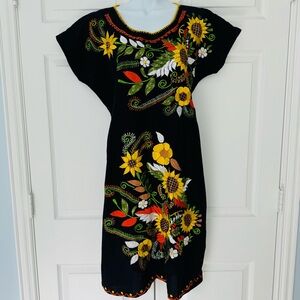 Mexican Sunflower Kimono Dress, Embroidered Floral Sz L